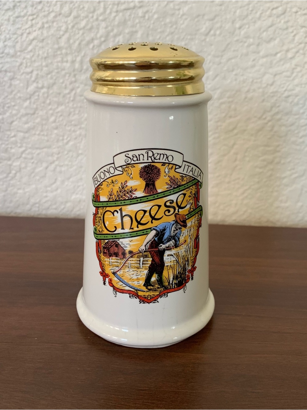 Himark. White Ceramic Cheese Shaker. Vintage Graphic and Gold-Tone Lid